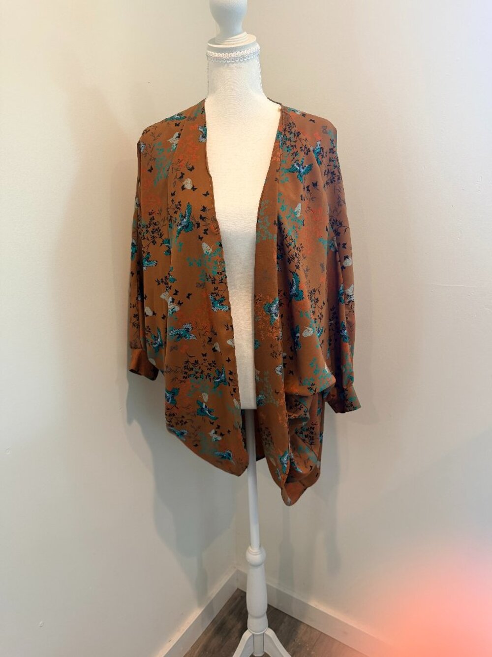 Boho Rust Orange Botanical Bird & Floral Print Open-Front Kimono Cardigan -OS